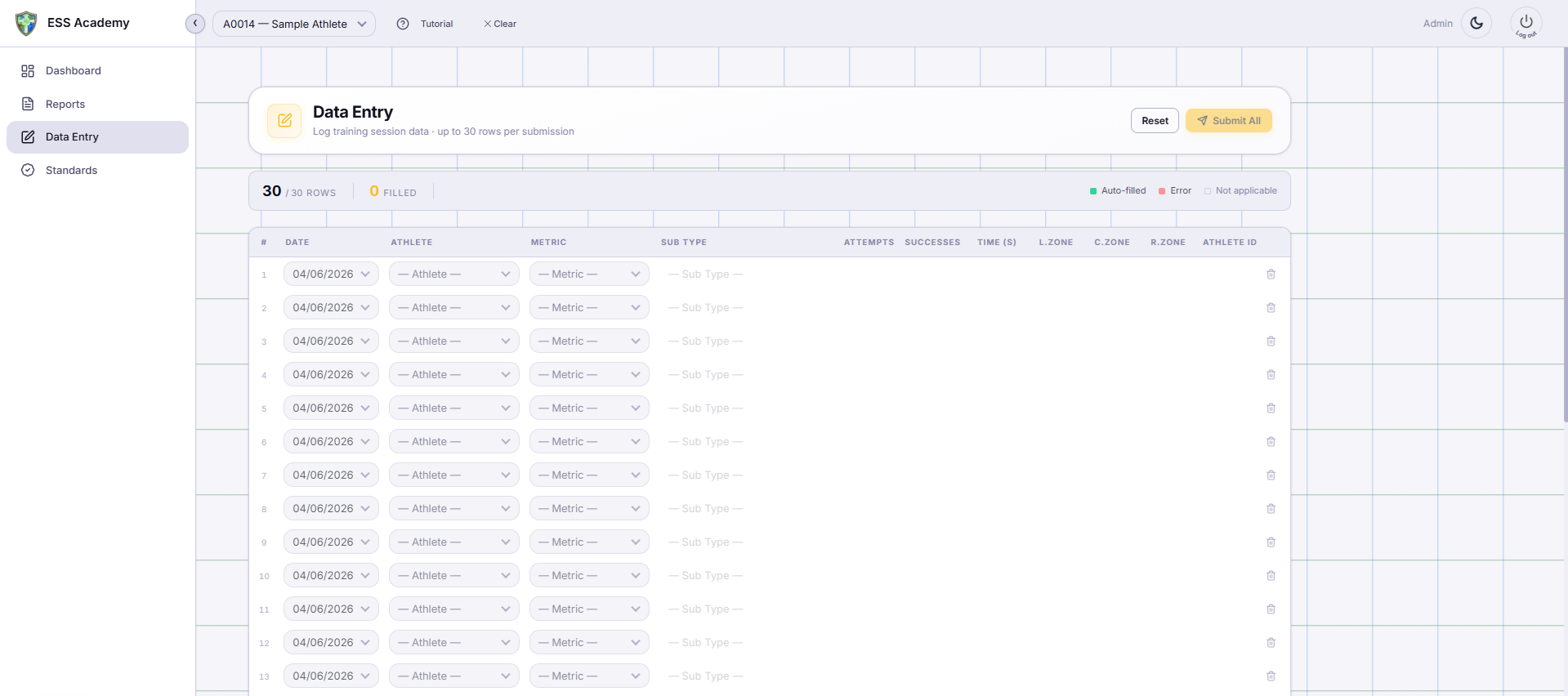 NSS Data Entry interface showing a 30-row bulk session logging grid with date, athlete, metric, and result columns