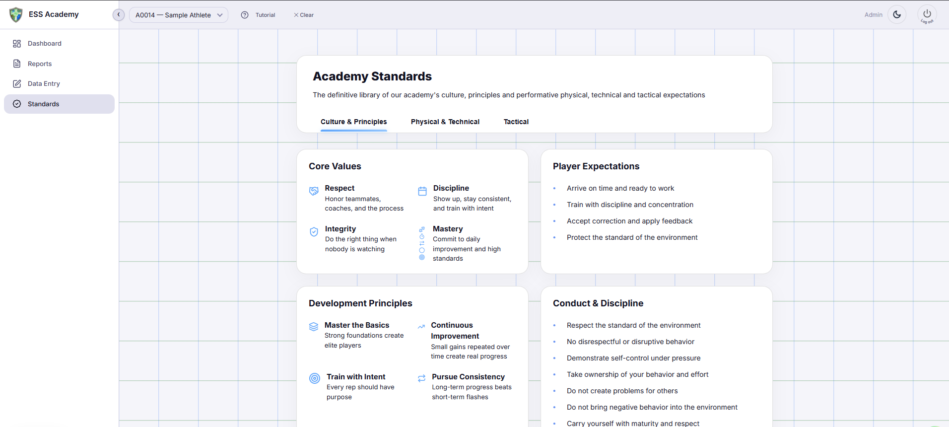 NSS Academy Standards page showing Culture and Principles tab with Core Values, Player Expectations, Development Principles, and Conduct sections